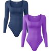 2 Pcs Long Sleeve Bodysuit Jumpsuit for Women, Seamless Ribbed Square Neck Shapewear for Women