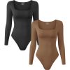 2 Pcs Long Sleeve Bodysuit Jumpsuit for Women, Seamless Ribbed Square Neck Shapewear for Women